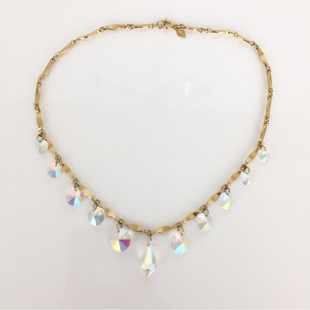 Vintage Sarah Coventry 1960s "Crystal Fire" AB Drop Gold Tone Necklace 16” - Picture 11 of 13